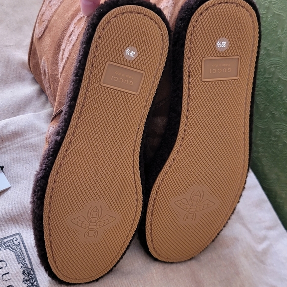 GUCCI SHEARLING BOOTS BROWN SUEDE GUCCI LOGO PRESTIGE GIANT PRINT 39.5 =9.5US - Picture 7 of 16